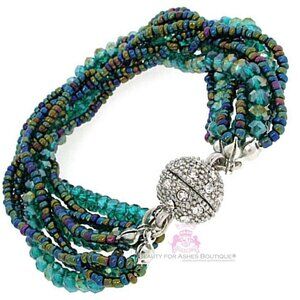 Ivy Teal Blue Green Silver Magnetic Bracelet Pave Crystals Ball Sphere Ab Bead